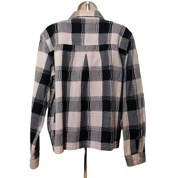 Christopher & Banks Shirt Jacket L Black Tan Bold Plaid Long Sleeve 100% Cotton - Picture 4 of 9
